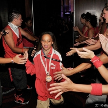 Full Force Dance Crew from Chico, CA congratulating Lil Phunk from Everett, MA who placed 3rd in the Juniors Division at the Hip Hop Internationals USA Hip Hop Dance Championship Finals held at the Red Rock Resort in Las Vegas, NV. The event took place on Tuesday, July 26, 2011. Photo by Sthanlee B. Mirador_Pacific Rim Photo Press.